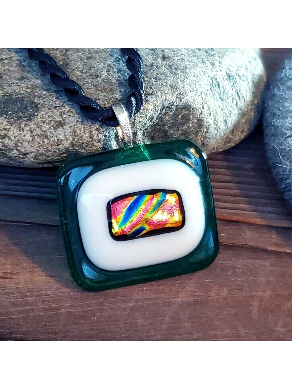 Handcrafted Artisan Green Multi Dichroic Art Glass Rectange Pendant Necklace
